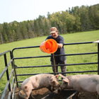Todd Gallup, of Berne, pours slop for his pigs.
